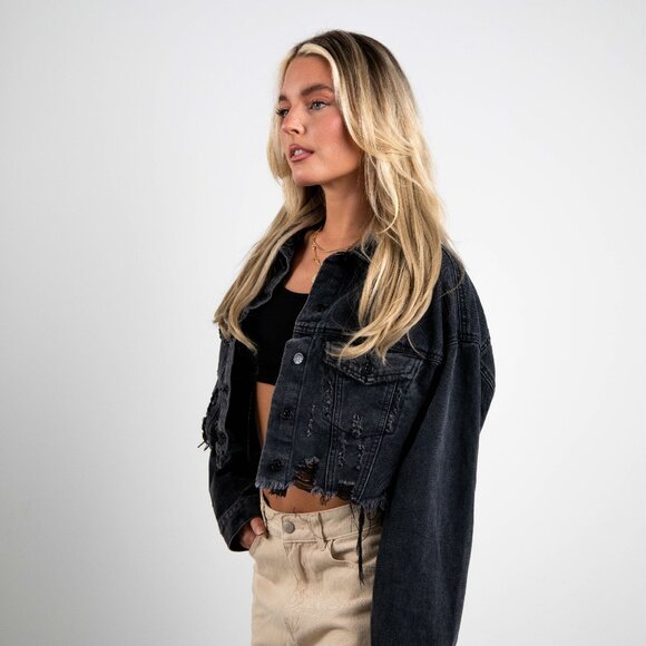 I DON'T CARE Crop Denim Jacket - Picture 2 of 10